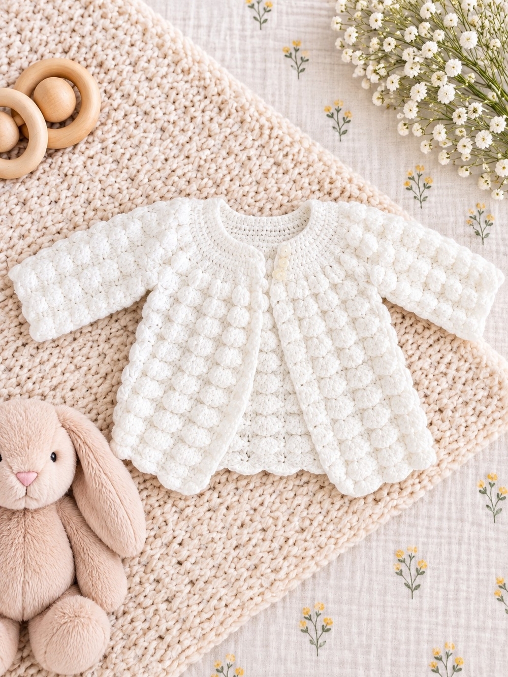 Vintage Handmade Baby White Bobble Knit Cardigan 0–3M